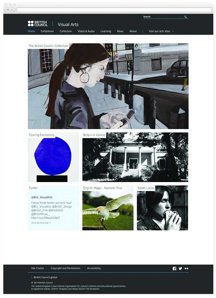 Screen of the British Council Visual Arts homepage.