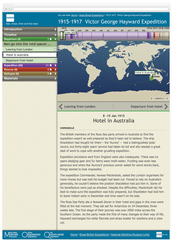 Screen of a chapter from the Stories with an interactive timeline and map.