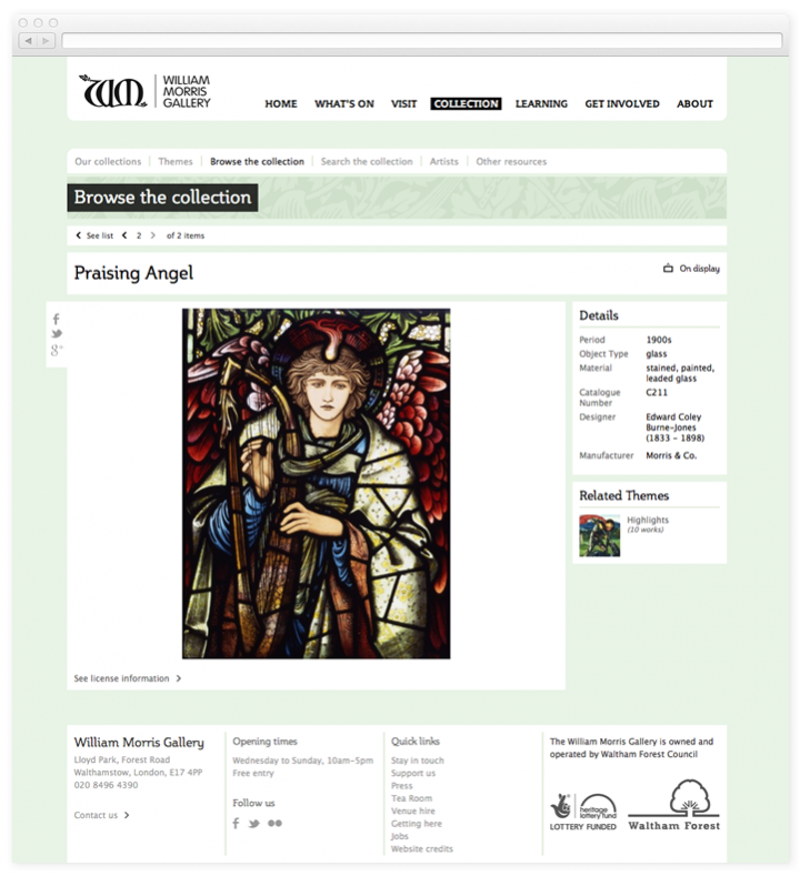 Screen of the William Morris Gallery work of art page